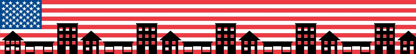 American flag banner with black silhouette buildings across