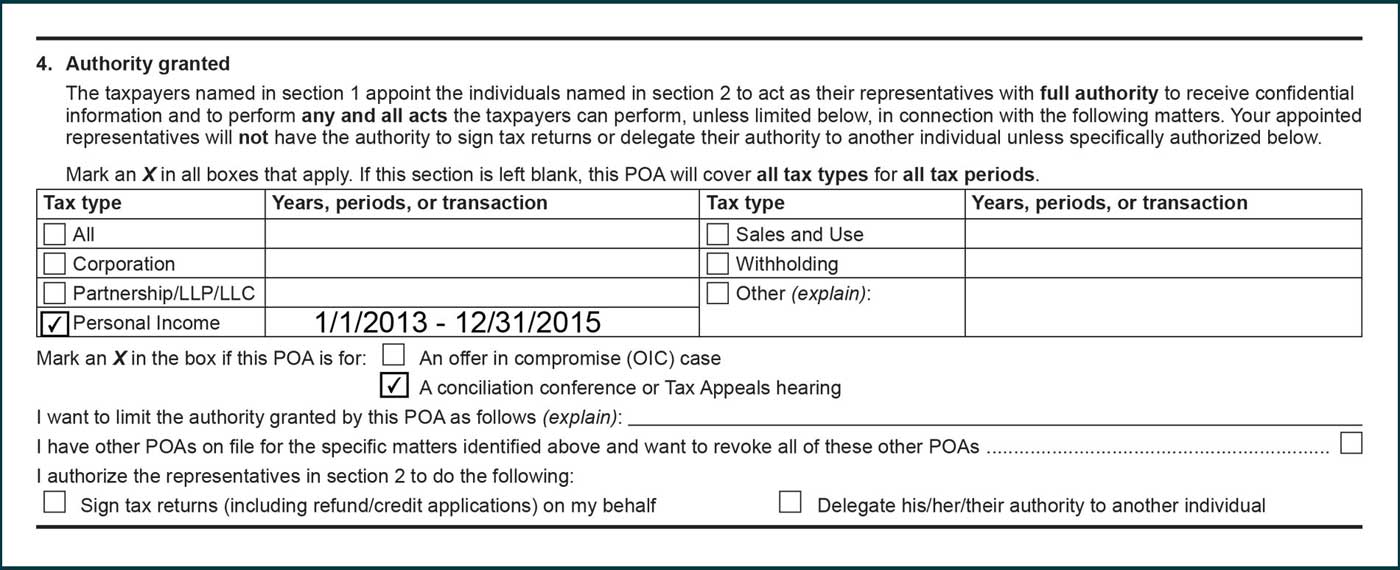 Personal income tax selected in tax type column. 1/1/2013 to 12/31/2015 listed under years, periods, or transaction column. Box selected for a conciliation conference or Tax Appeal hearing