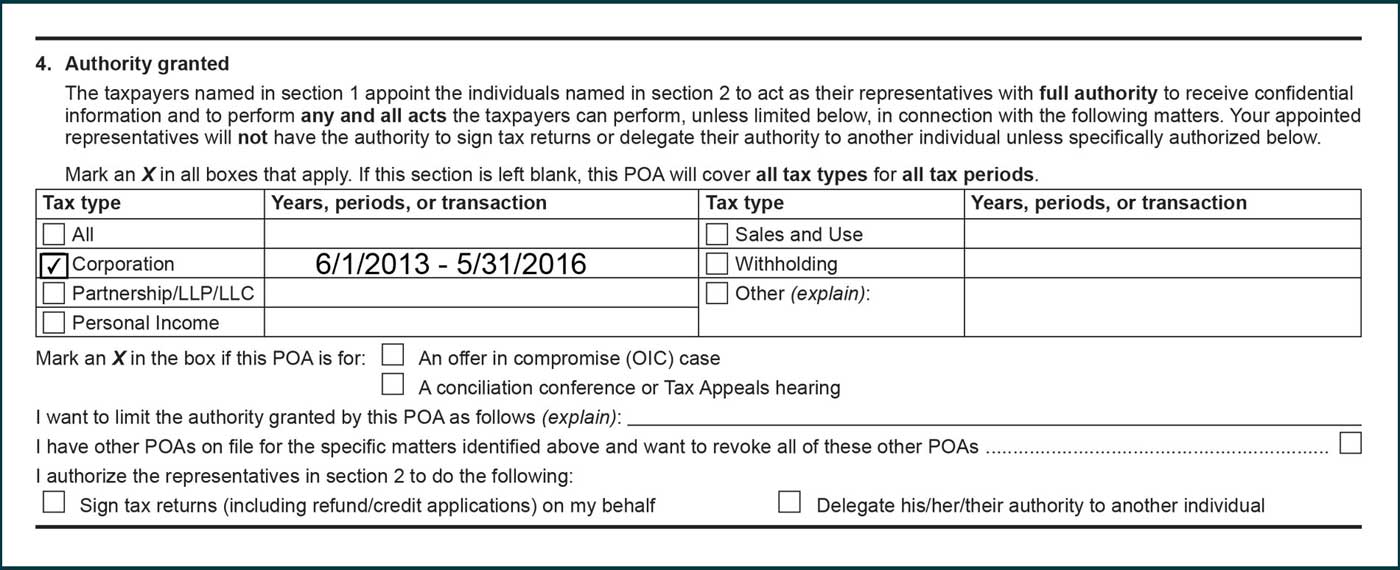 box selected next to corporation in tay type column. 6/1/2013 to 5/31/2016 listed in years, periods, or transaction column. 
